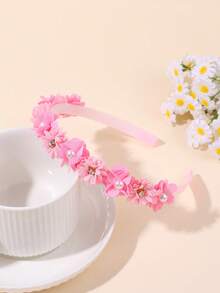 1件粉色女孩花卉髮箍，優雅水鑽珍珠髮圈，花卉髮圈，春夏生日婚禮頭飾，時尚髮飾禮物，青少年髮飾 - 粉色 - 查看 2