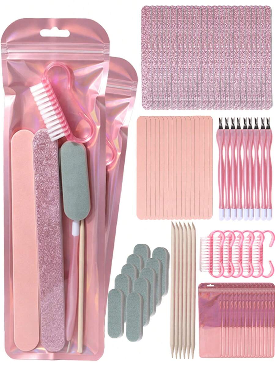 New Glitter High-Quality Nail Tool Set, Each Includes Glitter Nail File, Pink Nail File, Blue-White Polishing Block, Cuticle Pusher, Double-Ended Cuticle Scraper, Cleaning Brush, Full Set Nail Care, Mini Cute Convenient For Travel, Easy For Beginners, Suitable For Nail Art Enthusiasts, Daily Use - Watermelon Pink - View 1