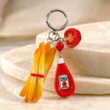 1pc Women's INS Style Realistic French Fries & Ketchup Bottle Keychain Pendant, Creative Bag Charm, Wallet Charm - Multicolor - View 4