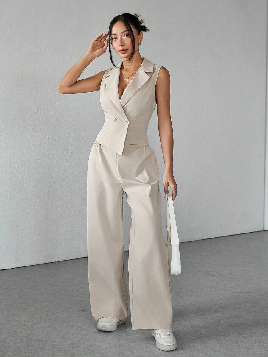 PETITE Conjunto de 2 piezas de ropa de otoño, top sin mangas y pantalones de unicolor para mujer - Caqui - Ver 1