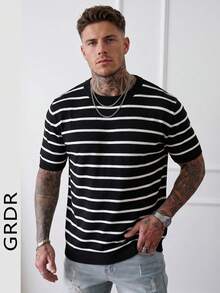 GRDR Men's Minimalist Striped Basic Crew Neck Short Sleeve Knit Sweater, Spring/Summer - Black - View 1