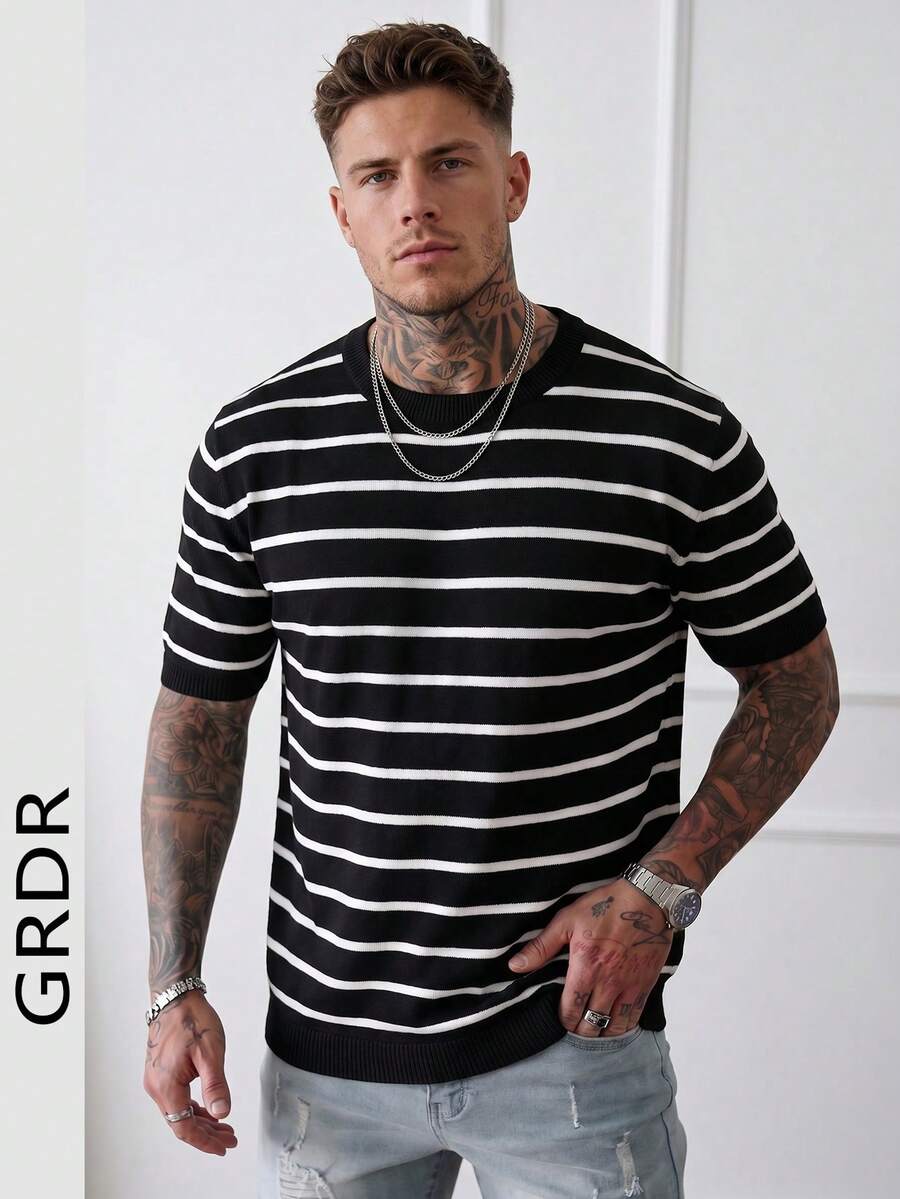GRDR Men's Minimalist Striped Basic Crew Neck Short Sleeve Knit Sweater, Spring/Summer - Black - View 1