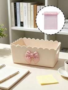 Pink Bow Storage Box, Cream Bow Storage Box Student Desk Stationery Organizer, Home Sundries Storage Basket, Suitable For Home, Office, Kitchen, Bedroom Vanity, Daily Essentials, Suitable For Home, Restaurant, Living Room Decor, Vanity, Durable Plastic, Wedding Bride Gift, Mother's Day Gift, Birthday Gift, Holiday Souvenir, Back To School Gift, Graduation Gift - Multicolor - View 14