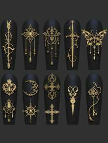 Beautizon Nailartlab Various Long And Short Carved Sword/Saber/Sword Hilt Silicone Molds And Tassel Butterfly, Key, Crescent Moon, Scissor, Snowflake, Vine Pattern Silicone Molds, Dark Vintage Style Embossed Mold Decorative Accessories, Zero Damage Demolding, Delicate And Three-Dimensional Texture, Essential Supplies For Nail Salons - Multicolor - View 5