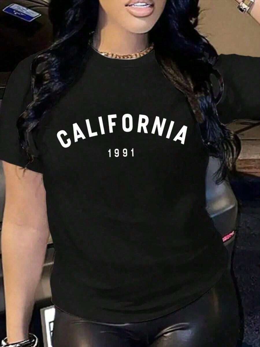 Soft | 1 Women's T-Shirt 100% Breathable Cotton | Casual Loose Fit Short Sleeve Crew Neck T-Shirt For Women With "CALIFORNIA 1991" Print - 黑色 - 查看 1