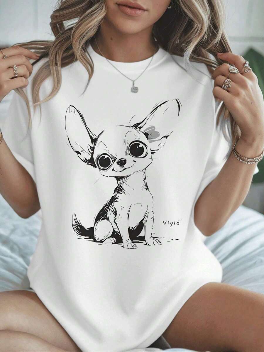 Camiseta Oversize con Estampado de Chihuahua Tierno Cuello Redondo Básica Streetwear Casual Estilo Japonés Kawaii Urbano Gráfico Urbana Y2K - Blanco - Ver 1