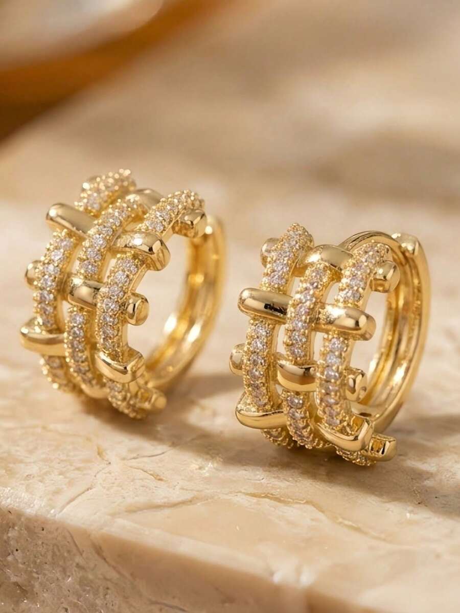 Women's Gold Cross Earrings, Elegant And Luxurious With Cubic Zirconia, Ideal For Daily Use, Parties, Weddings, Anniversary Gifts, Modern And Versatile. - 鏤空編織線條耳環 - 查看 1