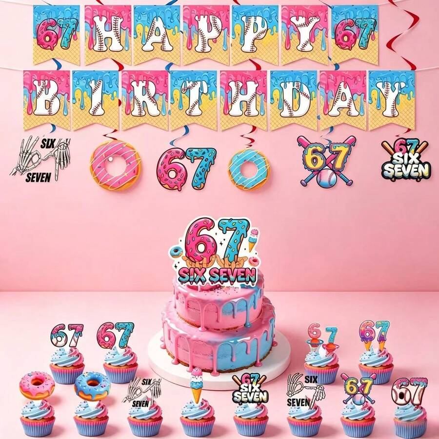 46pcs Birthday Party Decoration Set, Theme "67 Six Seven", Includes 15 Banners, 6 Triangular Flags, 24 Small Triangular Flags And 1 Large Triangular Flag, Suitable For Photo Backdrop, Applicable For Indoor And Outdoor Birthday Parties - B - View 1