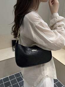 時尚純色金屬鏈條草編新月形女用多功能手提包 托特包 度假包 沙灘包 休閒草編手機包 - 黑色 - 查看 8