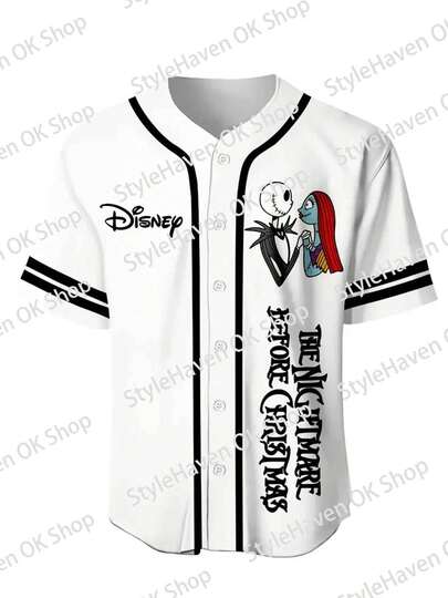 This Women Disney Nightmare Before Christmas Jack And Sally Baseball Jersey Is Soft And Comfortable For Spring Summer Wear Button Up Top Holiday Gift
