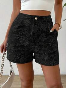 Nuevos shorts de mujer de verano, elegantes, de talle alto y pierna recta, con textura jacquard. - Negro - Ver 1
