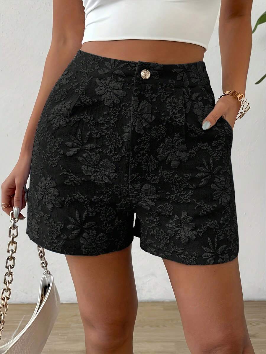 Nuevos shorts de mujer de verano, elegantes, de talle alto y pierna recta, con textura jacquard. - Negro - Ver 1