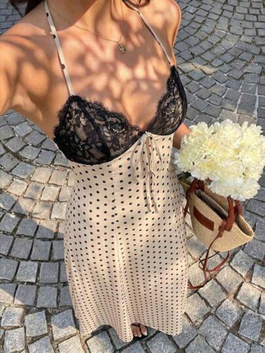 Vestido para mujer con estampado de lunares negros, patchwork de encaje, cuello en V, cuello halter, espalda abierta con lazo, cintura ceñi - Albaricoque - Ver 1