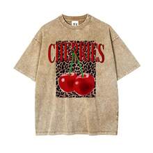 Camiseta de Verano para Mujer de Talla Grande, Estampado Divertido Estilo Hip-Hop "Leopard Cherry Letters", Diseño Personalizado, Estilo Urbano Coreano Y2k, Ropa de Mujer, Cuello Redondo, Ma - Café integral - Ver 1