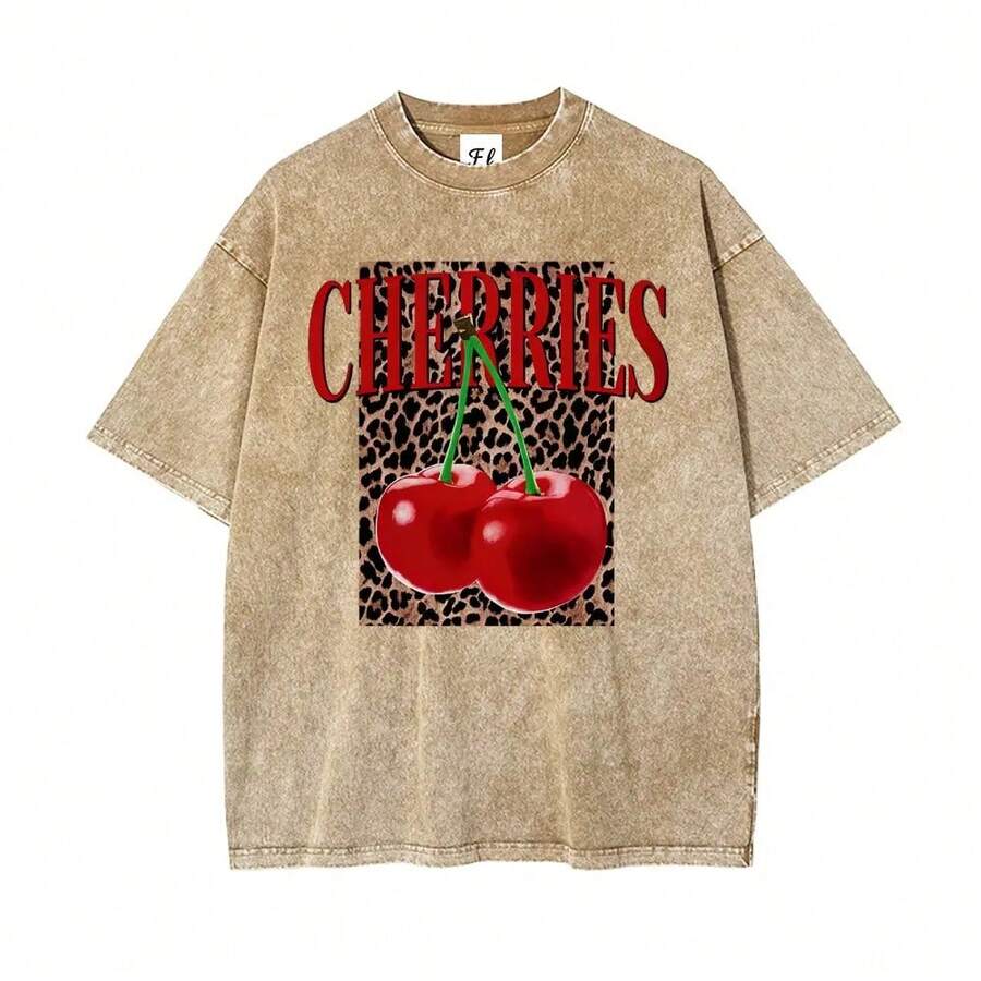 Camiseta de Verano para Mujer de Talla Grande, Estampado Divertido Estilo Hip-Hop "Leopard Cherry Letters", Diseño Personalizado, Estilo Urbano Coreano Y2k, Ropa de Mujer, Cuello Redondo, Ma - Café integral - Ver 1