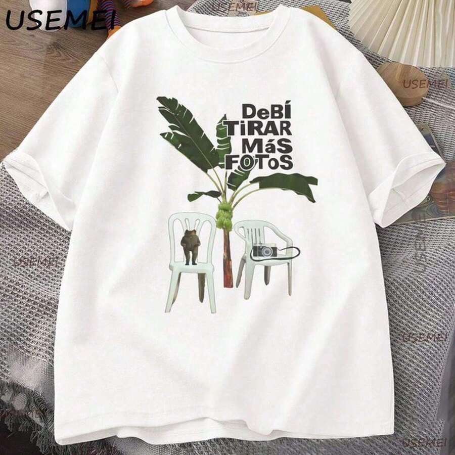 Remera Oversize con Diseño de Collage Tropical Juguetón Manga Corta Cuello Redondo Estilo Urbano Casual Moda Streetwear Novedad Y2K Ropa de Mujer - Blanco - Ver 1