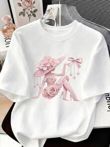 Playera con Diseño de Figura Floral Elegante Manga Corta Casual Streetwear Estilo Urbano Blusa Y2K Aesthetic Novedad - Blanco - Ver 1