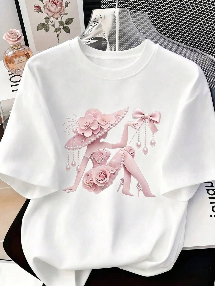 Playera con Diseño de Figura Floral Elegante Manga Corta Casual Streetwear Estilo Urbano Blusa Y2K Aesthetic Novedad - Blanco - Ver 1