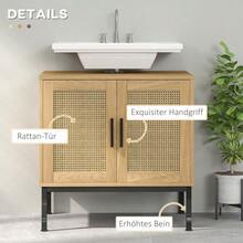 Vanity Unit With Storage Compartment, Rattan-Look Vanity Unit, Bathroom Cabinet With Anti-Tip Device, Oak, 60 X 39 X 60 Cm - 駝色 - 查看 6