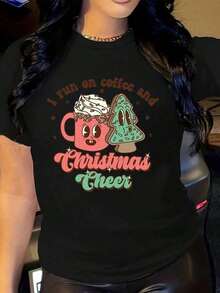 100% CottonCamiseta de manga corta 100% algodón con estampado "I Run On Coffee And Cheer", suéter, retro, camiseta linda, suéter divertido, camisetas estampadas para mujer, cómodas y holgada - Negro - Ver 1