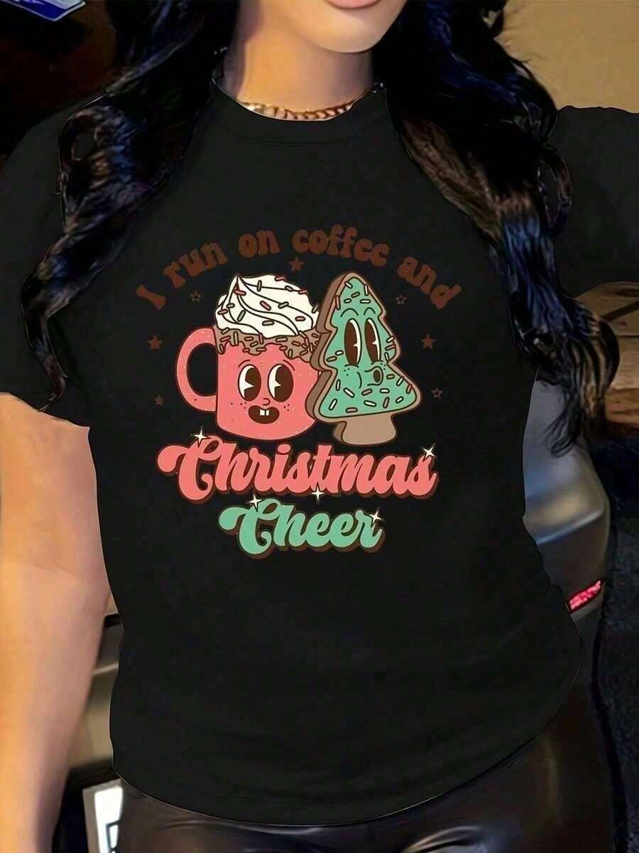 100% CottonCamiseta de manga corta 100% algodón con estampado "I Run On Coffee And Cheer", suéter, retro, camiseta linda, suéter divertido, camisetas estampadas para mujer, cómodas y holgada - Negro - Ver 1