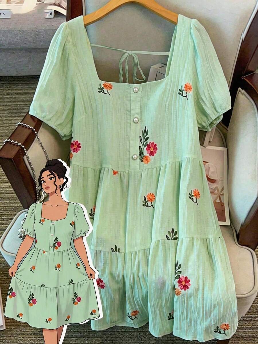 CURVE Vestido elegante de cuello cuadrado con bordado floral para mujer de talla, vestido bordado exquisito adecuado para el transporte diario y actividades al aire libre - Verde - Ver 1