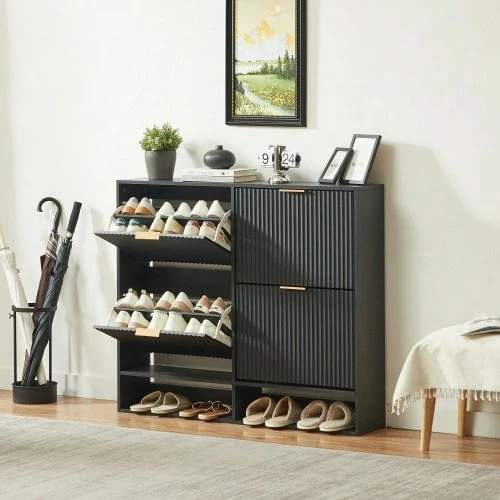 120 X 24 Cm Shoe Cabinet With Grooved Front – Height Adjustable With Anti-Tip Device And Decorative Table For The Hallway, In Black - 黑色 - 查看 1