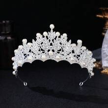 1件時尚銀色水鑽皇冠頭飾 巴洛克風格仿珍珠公主生日禮服髮飾皇冠 Coronas - 銀色 - 查看 3