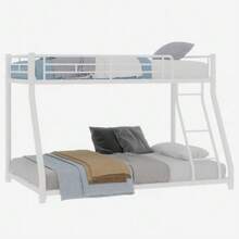 Cadre de lit superposé en métal robuste, un lit supérieur de 90*140cm et un lit inférieur de 140*190cm, conception peu encombrante avec échelle et barrières de sur toute la longueur, idéal pour les adolescents et les adultes, style moderne. - Blanc - Voir 6