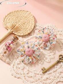 Wear Spring On Your Ears | French Vintage Fabric Flower Stud Earrings, Handmade Distressed Effect, Sweet Vacation Style Photo Prop - Pink - View 2