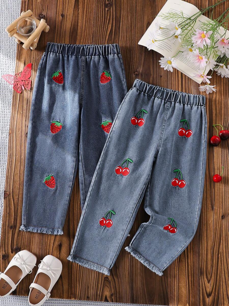 2pcs/Set Celana Panjang Denim Lembut dan Nyaman Bordir Stroberi Ceri untuk Balita Perempuan, Cocok untuk Pakaian Luar Ruangan Musim Semi/Panas - Dark Wash - View 1