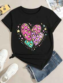Camiseta de mujer con estampado gráfico de corazón, cuello redondo, corte holgado, informal, ajuste cómodo, estampado llamativo. - Negro - Ver 2