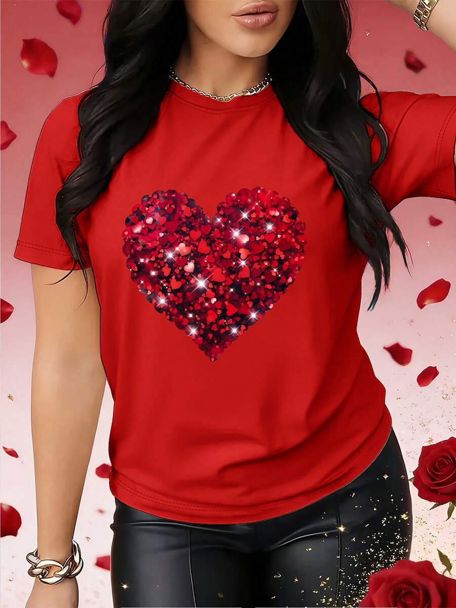 Valentine's Day Sweater With A Heart Print, Perfect For Spring And Fall. This Eye-Catching Short-Sleeved T-Shirt Is Suitable For Holidays, Dates, Parties, And Social Occasions. SCUY - 紅色 - 查看 1