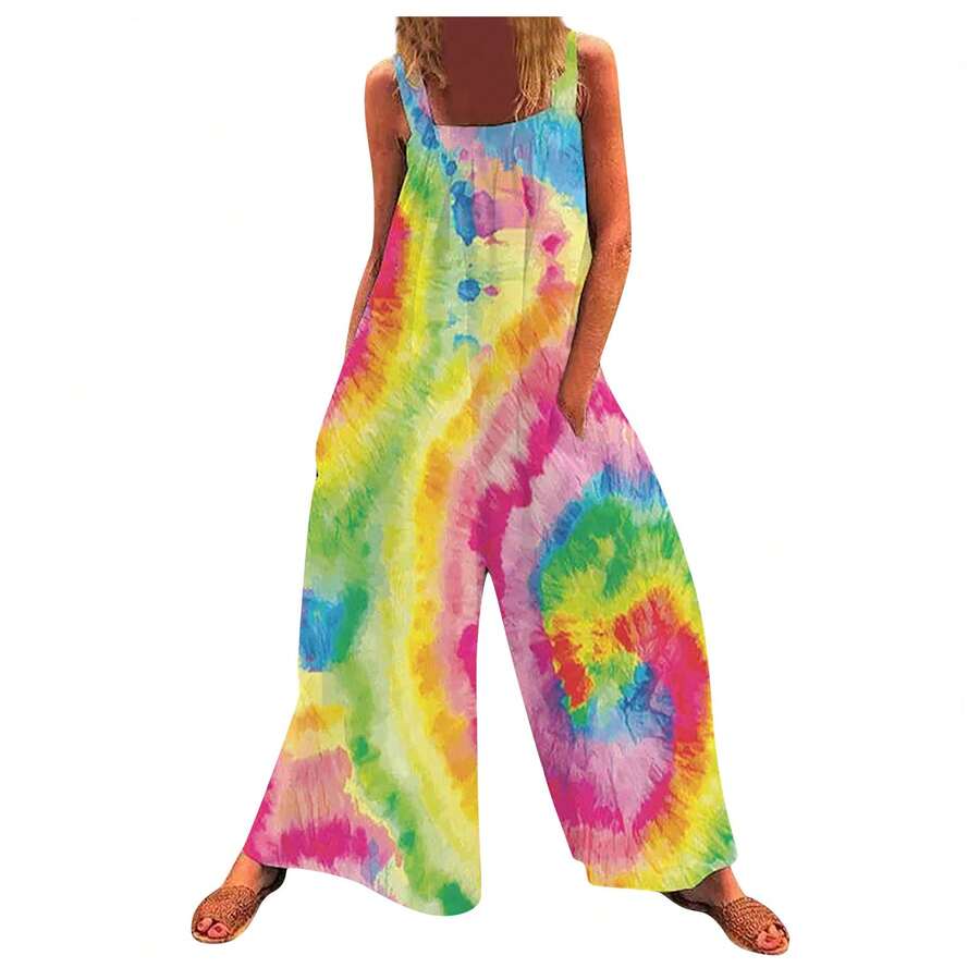 European And American Women's Fashion, New Summer 2026, Plus Size Jumpsuit With Print, Loose Straps And Wide Legs - L4 - 查看 1