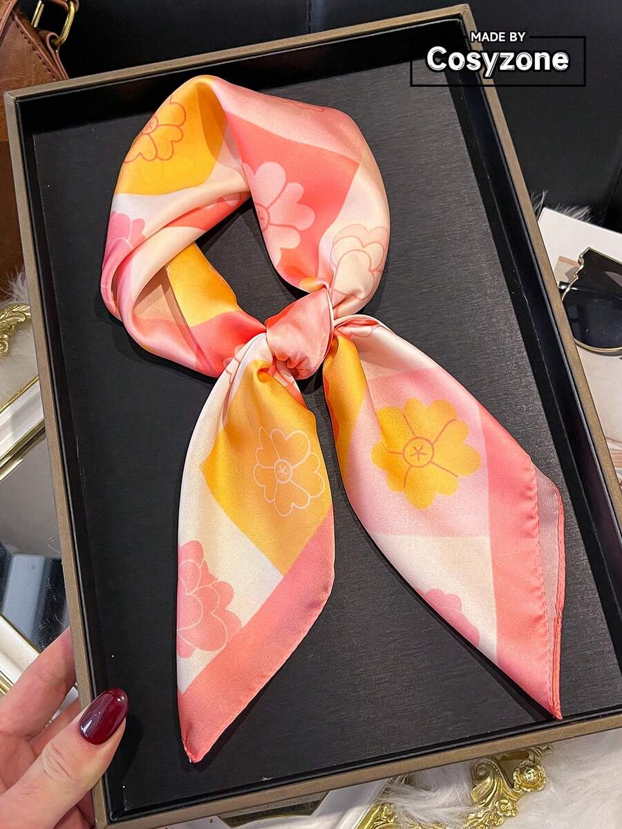 1件極簡優雅花卉印花70cm正方形女用方巾,適合休閒與街頭時尚,戶外防曬裝飾頭巾、髮帶、髮箍,完美打造造型 - 粉色 - 查看 1