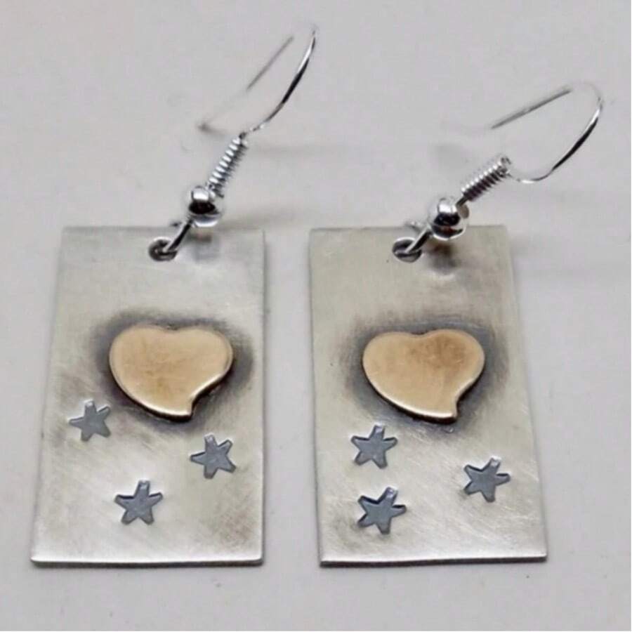 Pendientes con colgante de estrella y corazón bicolor, joyería minimalista y elegante para mujeres, adecuada para uso diario, fiestas y vacaciones - Plateado - Ver 1