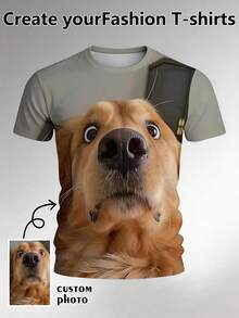 Custom Photo Men's Funny Dog Print T-Shirt, Loose Casual Home Top, Personalized Pet Pattern Streetwear Creative Gift - Multicolor - View 1