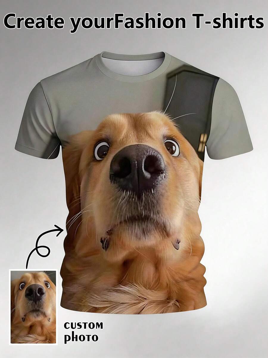 Custom Photo Men's Funny Dog Print T-Shirt, Loose Casual Home Top, Personalized Pet Pattern Streetwear Creative Gift - Multicolor - View 1