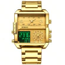 BINBOND 1PC Men's Luxury Gold Stainless Steel Strap Luminous Water-Resistant Square Shape Multi-Functional Quartz Watch For Business Gifts Souvenir - Multicolor - View 3