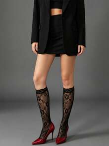 1/2/3 Pairs Women's Lace Floral Calf Socks, Hollow Flower Fishnet Knee-High Mid-Calf Socks, Vintage Sheer Mesh Long Socks, Soft High-Elastic Leg-Shaping Socks, Pair With Shiny Pointed-Toe High Heels, Suitable For Dating, Nightclubs, Parties, Daily Street Wear - Black - View 6