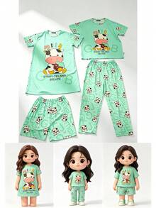 Dibujos animados lindo pijama set 4 piezas - Verde - Ver 1