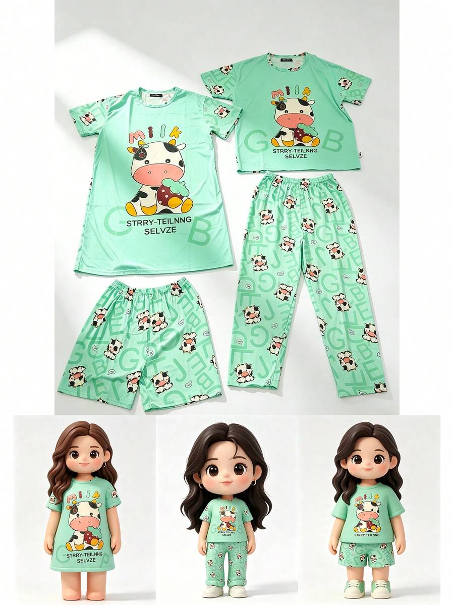Dibujos animados lindo pijama set 4 piezas - Verde - Ver 1