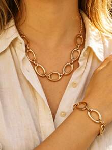 European And American Cross-Border Design Asymmetrical Geometric Hollow Metal Chain Necklace And Bracelet Fashion Patchwork Collarbone Jewelry - Gold - View 3