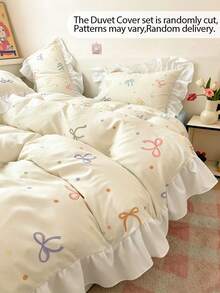 Creamy Girl Style Ruffle Edge Skin-Friendly Brushed Lace Duvet Cover 3 Pieces Set (1 Duvet Cover + 2 Pillowcases, Duvet Insert And Pillow Inserts Not Included), Bedding Set, Comfortable Soft Breathable Versatile, Machine Washable For All Seasons - Blue - View 4