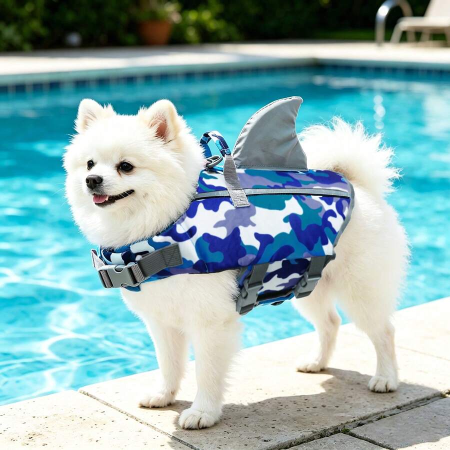 Metglad 狗狗救生衣 可愛魚鰭設計 寵物游泳背心 高能見度 強大浮力 附堅固救援提把與拖繩環 可調節尺寸 適合小型、中型與大型犬 - 藍白色 - 查看 1