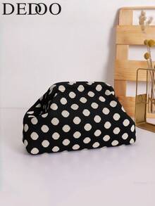 Dedoo Luggage-Clutch Bags-Polka Dot Fabric Clutch, Soft Foldable Design, Spacious Storage, Retro Casual, Daily Makeup Bag For Women - Black - View 1