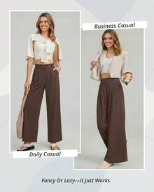 Pantalones de Pierna Ancha para Mujer, Casuales de Negocios, de Cintura Alta, Elegantes, Fluidos, para Oficina - Negro - Ver 10
