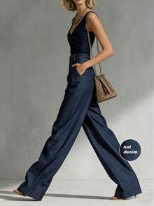 New Spring/Summer High Waist Pleated Wide Leg Casual Versatile Straight Leg Pants, Autumn Essential - Blue - View 2