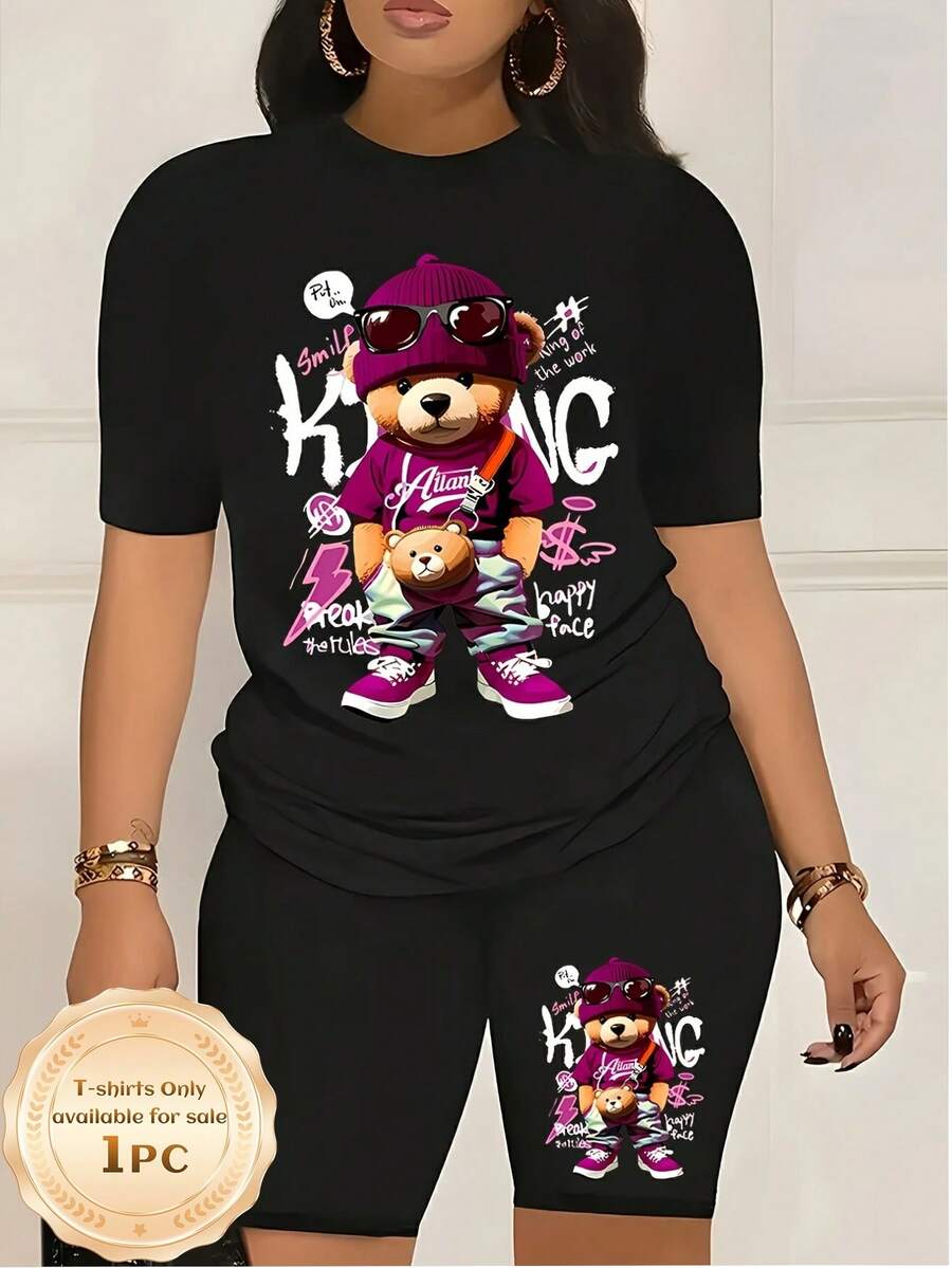 Camiseta negra de mujer estilo casual, estilo casual, estampado moderno ligero 1pc T-Shirt - Negro - Ver 1