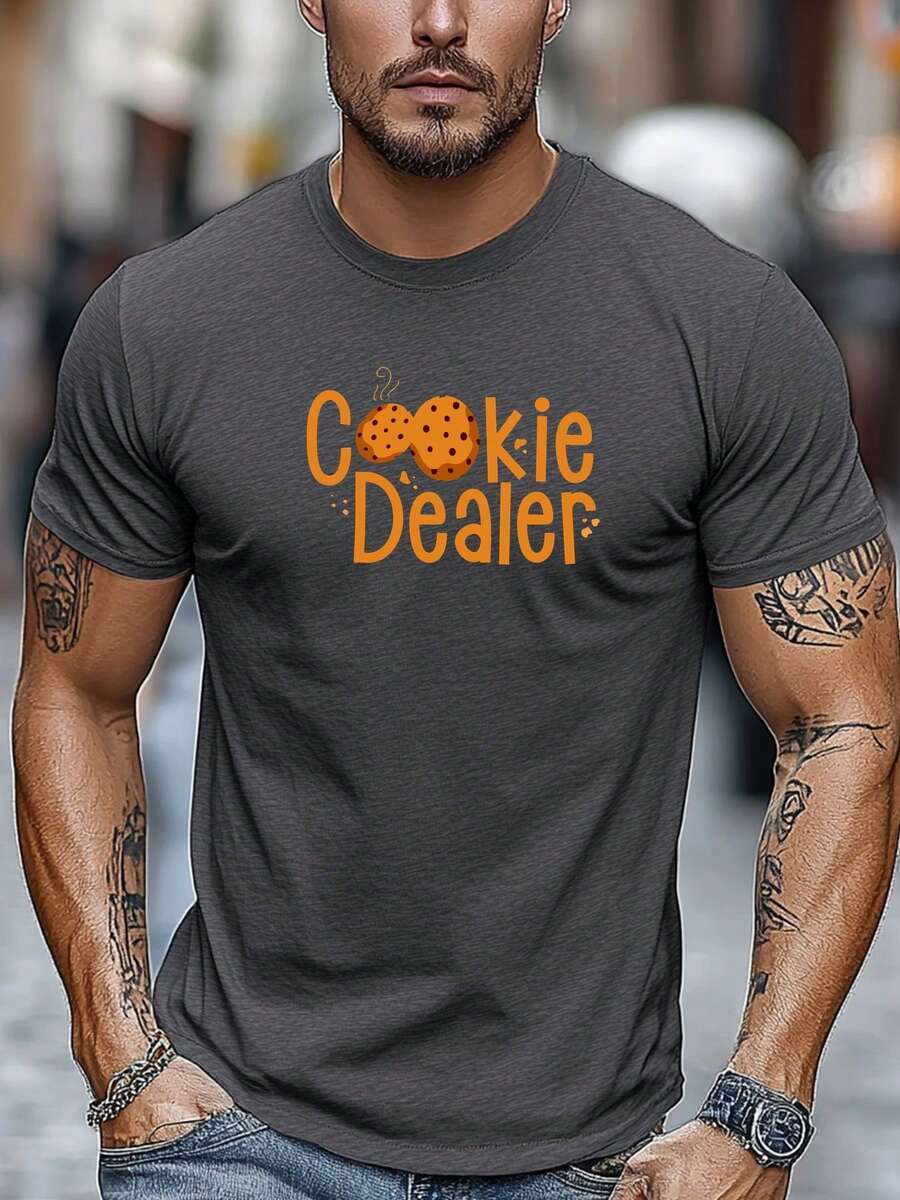 Camiseta de talla grande para hombre, simple y limpia, relajada y casual, camiseta de verano casual de manga corta y cuello redondo con gráfico "Cookie Dealer", TALLA GRANDE - Gris Oscuro - Ver 1